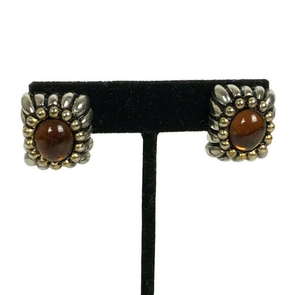 Statement Clip On Earrings Two Tone Metal Amber Cobochon Chunky Rectangle USA - Picture 1 of 4